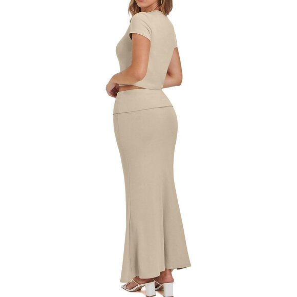 Women's Apricot Two Piece Sets Sleeve Crewneck Cropped Bodycon Outfit Maxi Skirt - Picture 5 of 6